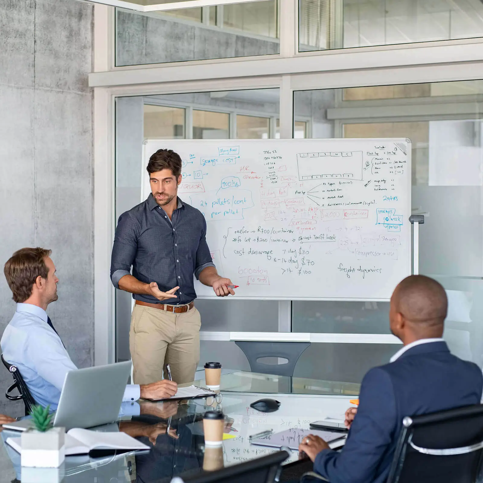 A man presenting to work colleagues in front of a whiteboard