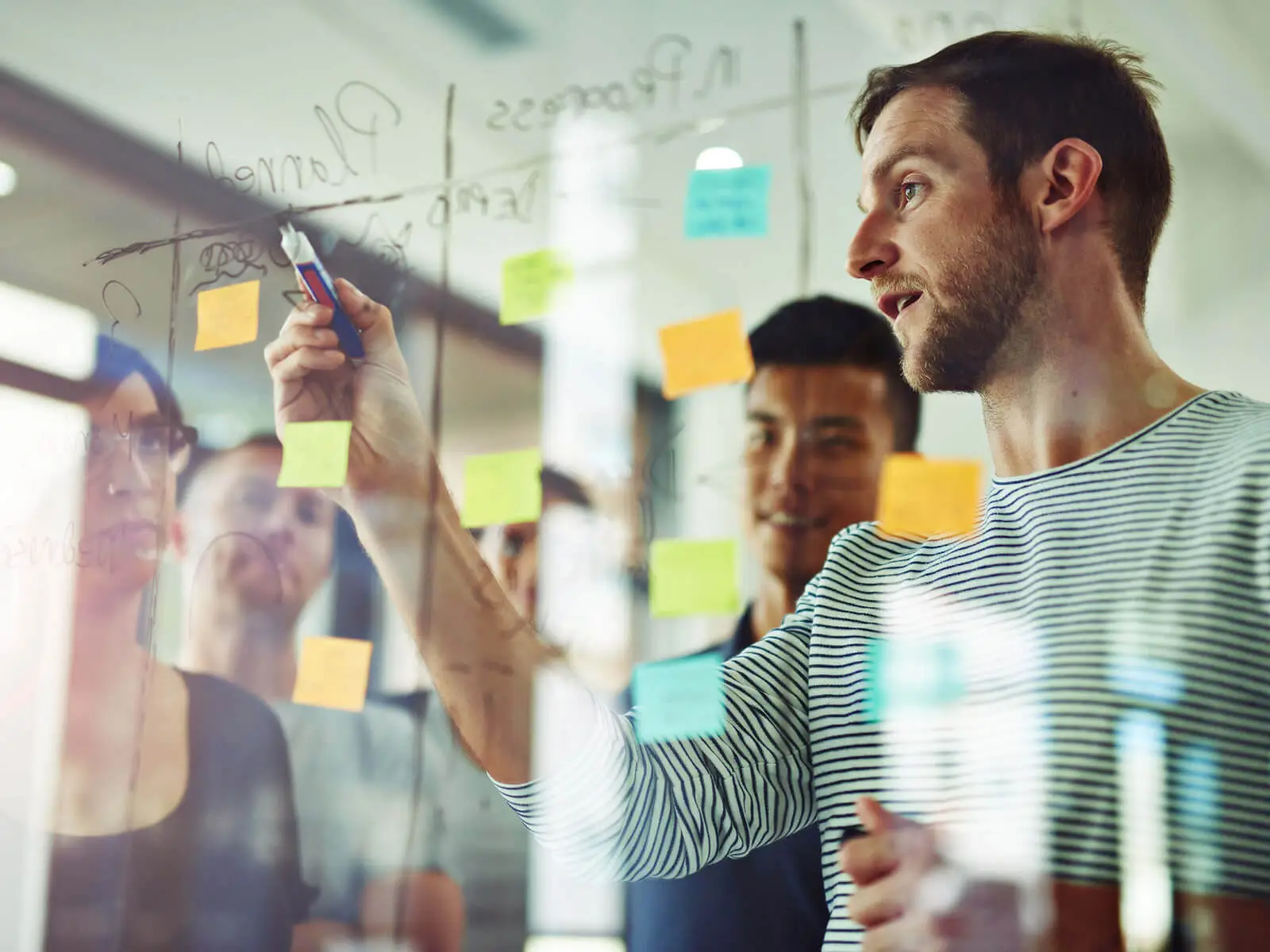 A group of office reviewing data integration solutions on glass whiteboard