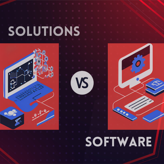 Graphic of one computer representing solutions and another computer representing software