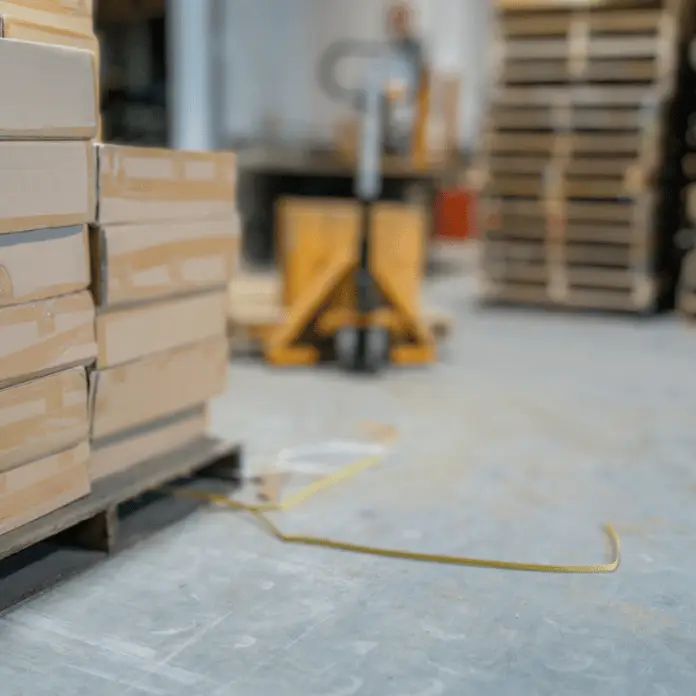 Blurred image of warehouse with pallets and machinery